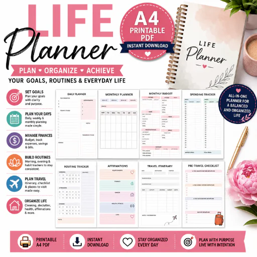 Life Planner 67 Page Printable PDF–Ultimate Personal Organization, Goals, Daily Planner, Budget