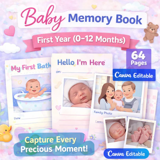 Baby Memory Book (0–12 Months)–64 Pages Canva Editable Templates | First Year Milestones & Keepsake