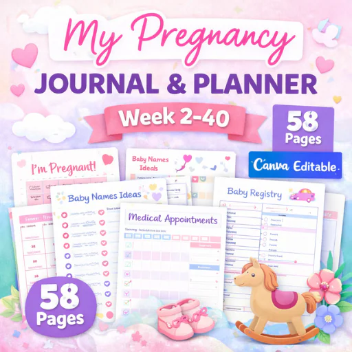 My Pregnancy Journal & Planner (Week 2–40) – 58 Pages Canva Editable Templates | Complete Mom Bundle