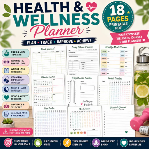 Health & Wellness Planner Printable PDF | 18-Page Fitness, Meal, Weight Loss & Habit Tracker Journal