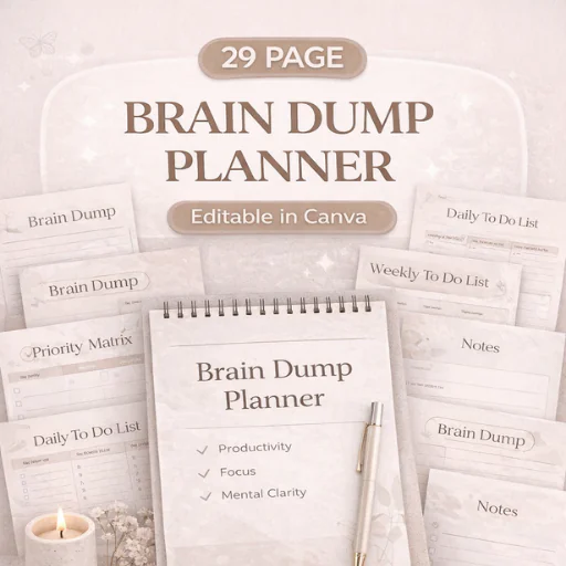 Brain Dump Planner Canva Template (29 Pages) – Productivity, To-Do, Focus & Mental Clarity System