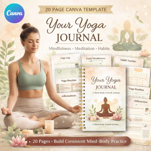 Yoga Journal Canva Template (20 Pages) – Mindfulness, Meditation, Habit & Wellness Tracker