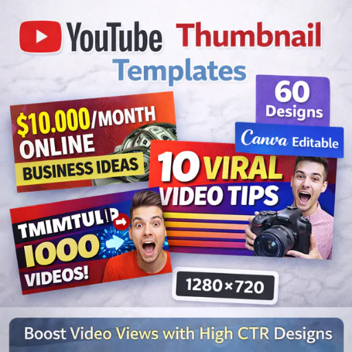 YouTube Thumbnail Templates – 60 Premium Canva Editable Designs (1280×720) | High CTR Video Cover