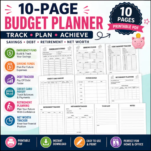10-Page Budget Planner Printable PDF – Emergency Fund, Debt, Retirement & Net Worth Tracker