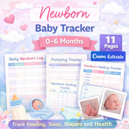 Newborn Baby Tracker & Daily Log (0–6 Months) – Canva Editable 11 Pages | Feeding, Sleep & Health