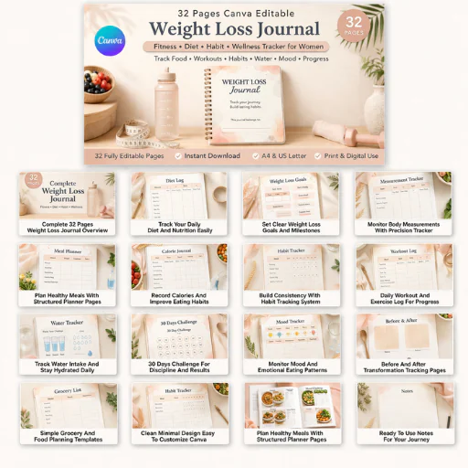 Weight Loss Journal Canva Template (32 Pages) – Fitness, Diet, Habit & Wellness Tracker for Women