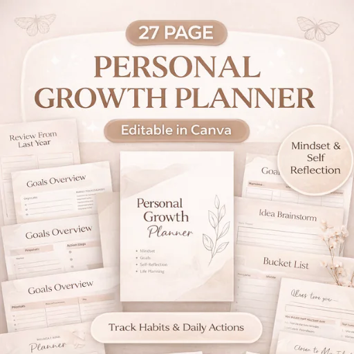 Personal Growth Planner Canva Template (27 Pages) – Mindset, Goals, Self-Reflection & Life Reset Jou