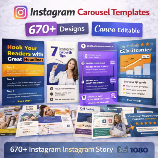 Instagram Carousel Templates Bundle – 670+ Canva Editable Designs (1080×1080) | Viral Content & Grow