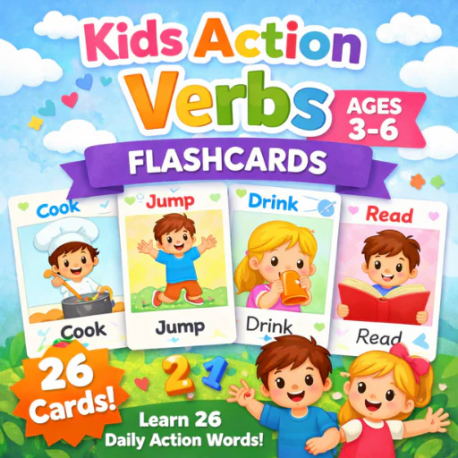 Kids Action Verbs Flashcards (Ages 3–6) – Learn 26 Daily Actions | Printable English Learning Cards