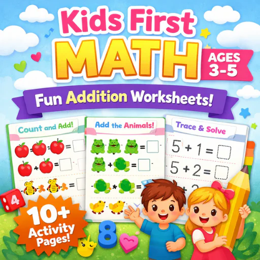 Kids First Math Workbook (Ages 3–5) – Fun Addition Learning Printable | 10+ Pages Activity Pack
