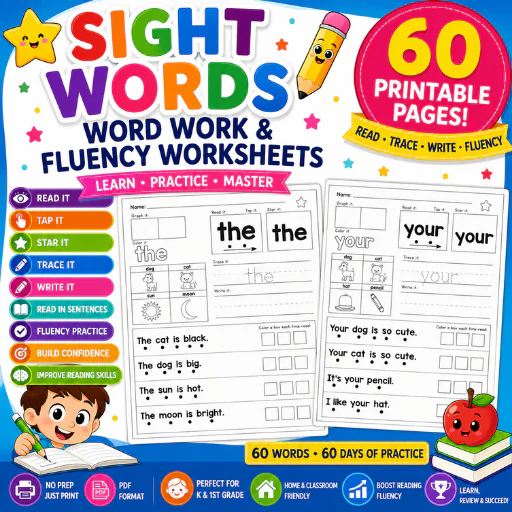 Sight Words Word Work & Fluency Worksheets – 60 Printable Pages PDF | Reading, Tracing & Writing