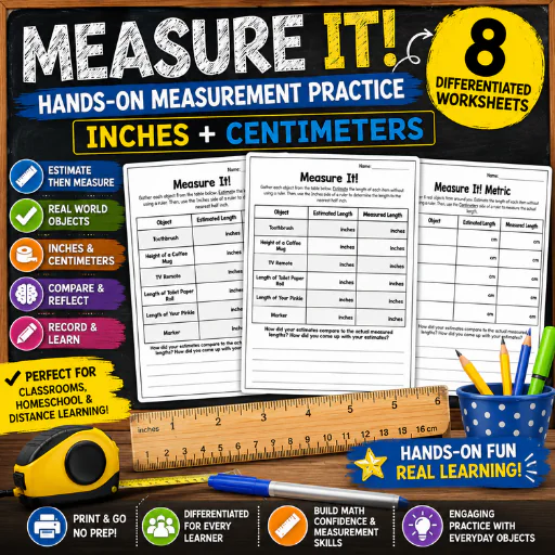 Measure It! – 8 Printable Measurement Worksheets for Kids | Inches & Centimeters