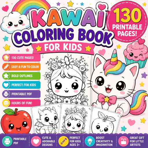 Kawaii Coloring Book for Kids – 130 Printable PDF Pages | Cute Animals, Food, Characters & Fun Color